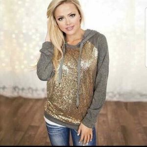 💕 Grey Hoodie Sweatshirt with Gold Sequin Front - Size M